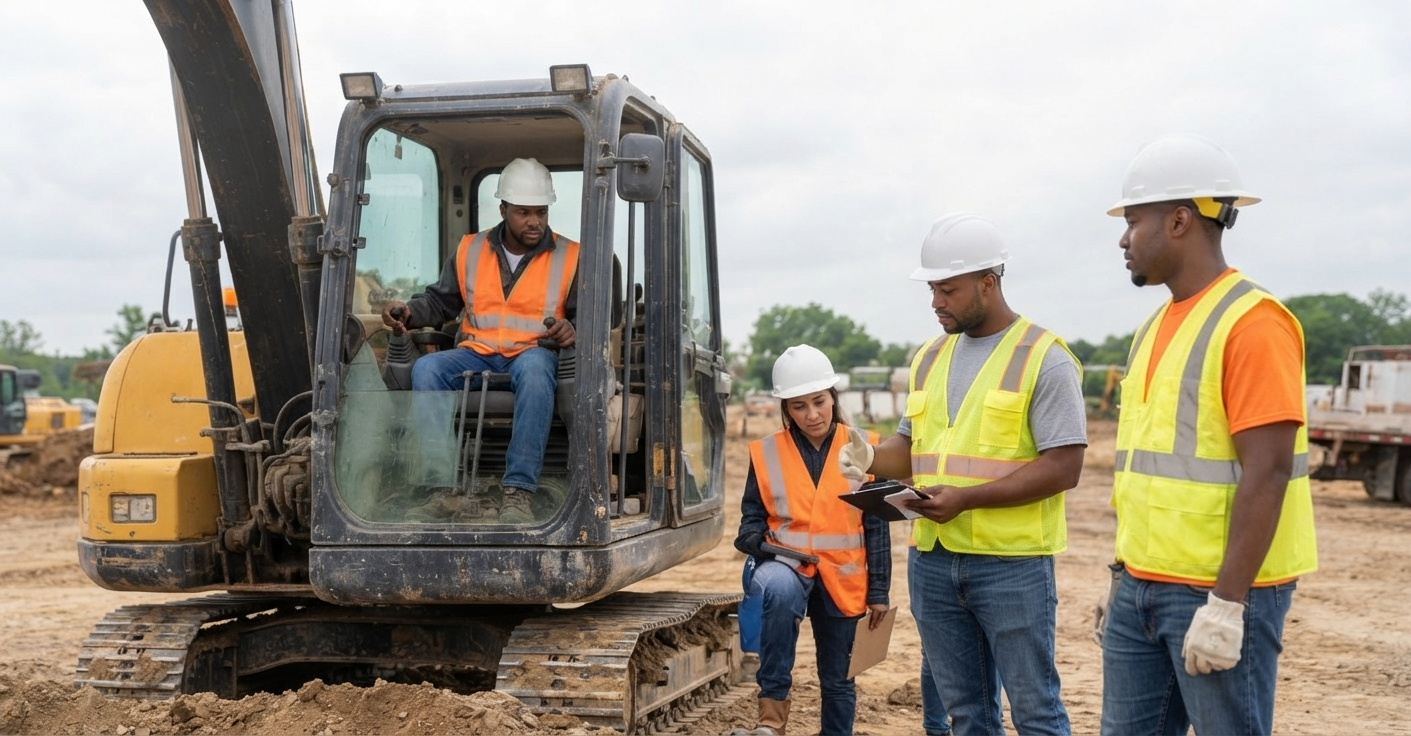 Heavy equipment operator working alongside a construction crew