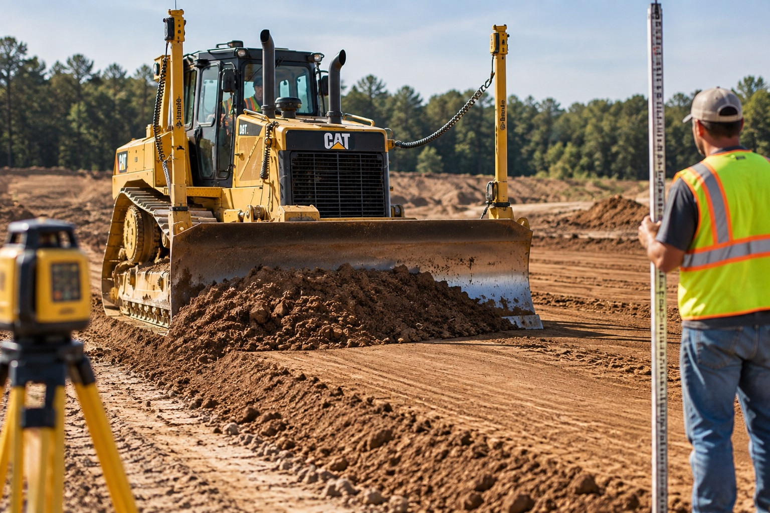 Bulldozer grading soil while grade is checked with laser equipment and a grade rod