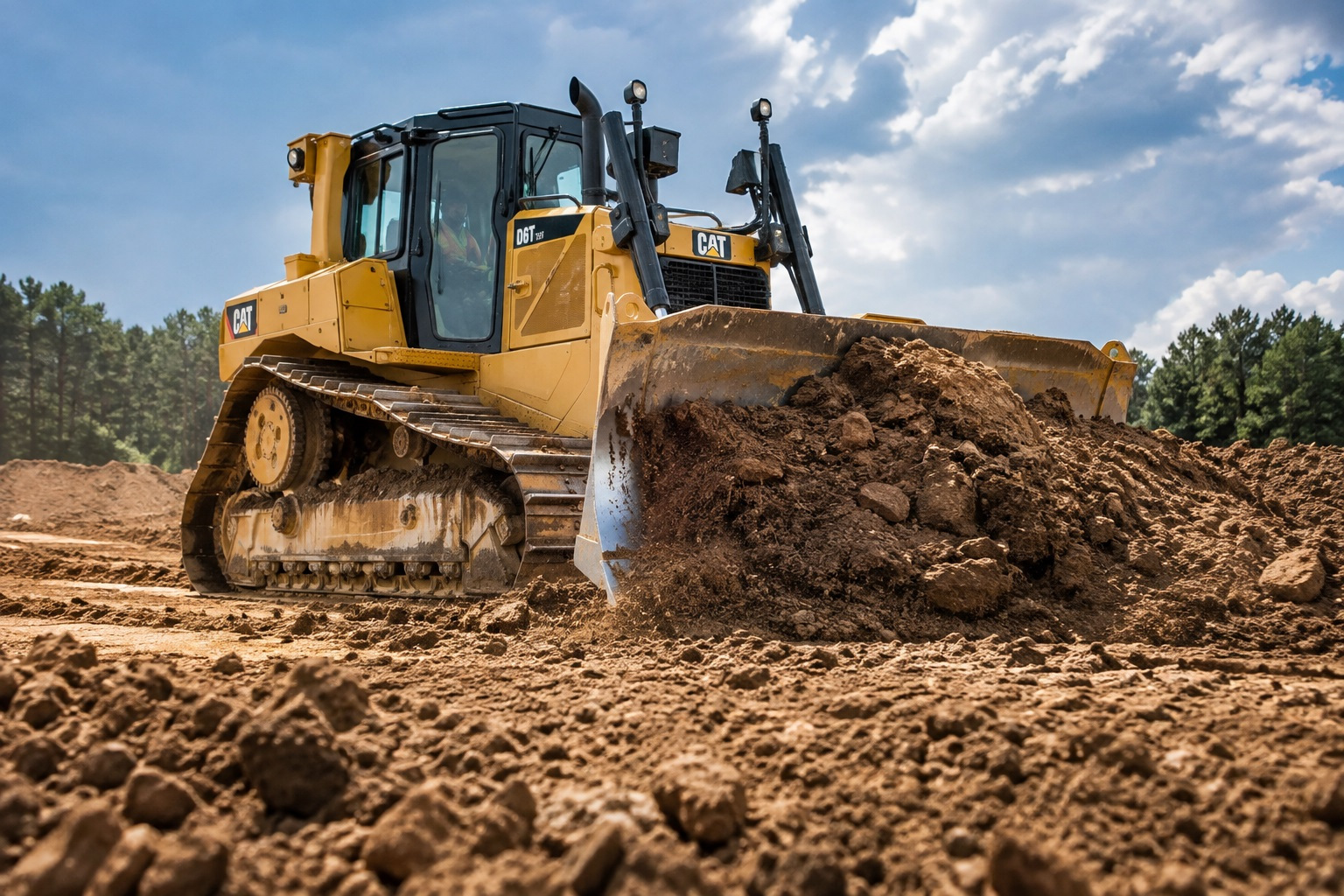Bulldozer pushing soil during hands-on bulldozer operator training