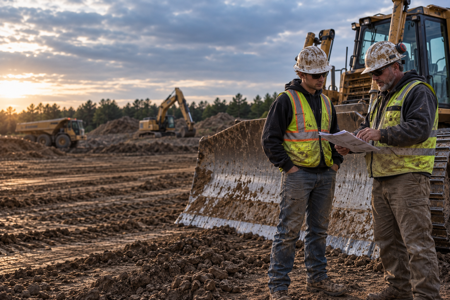 Instructor and student reviewing jobsite plans beside a bulldozer