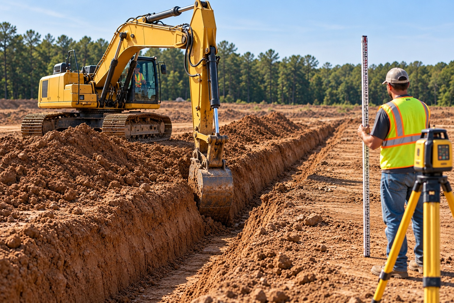 Excavator digging a trench while grade is checked with a laser and grade rod