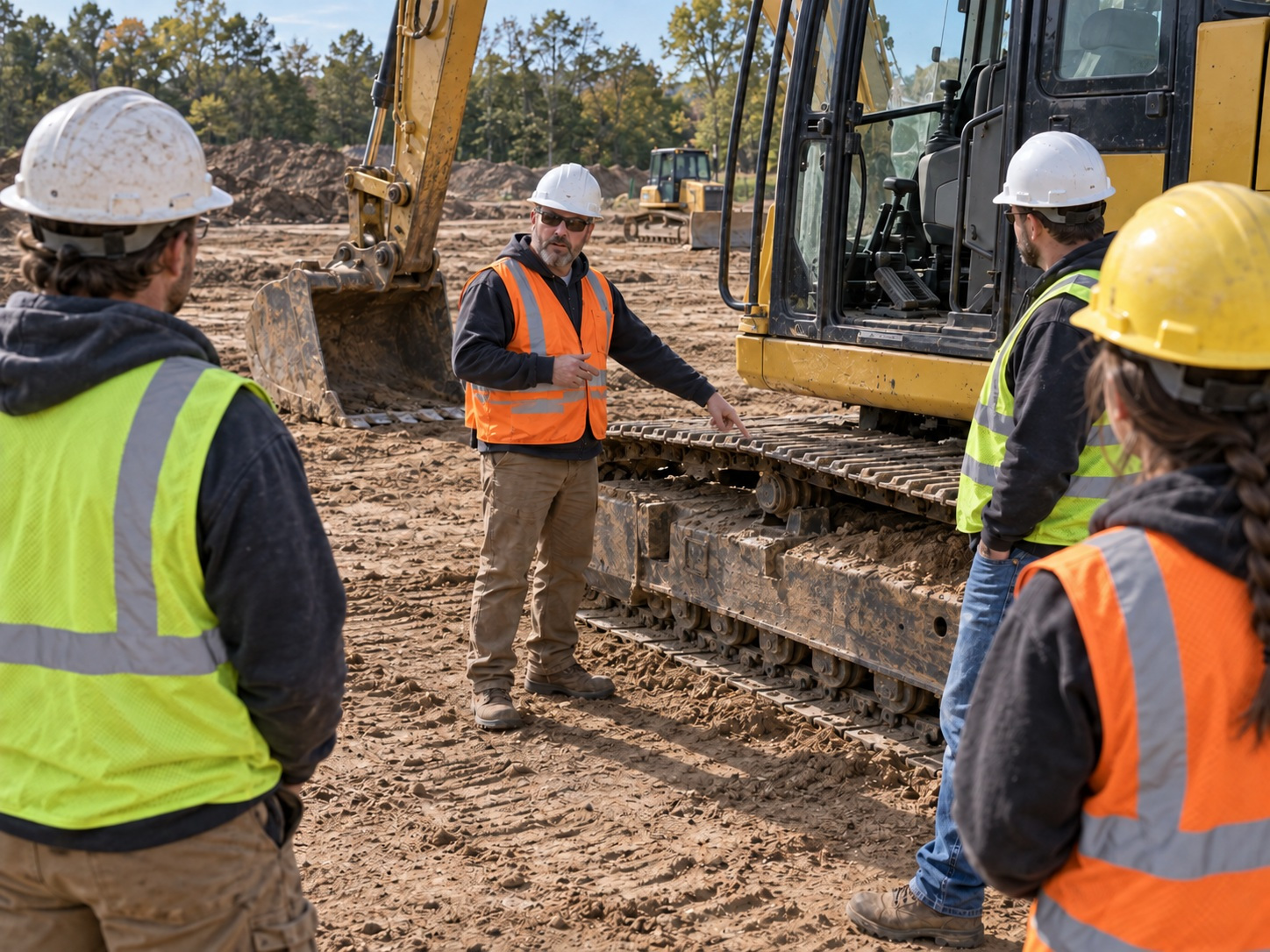 Heavy equipment instructor working with students beside an excavator at HEO Academy