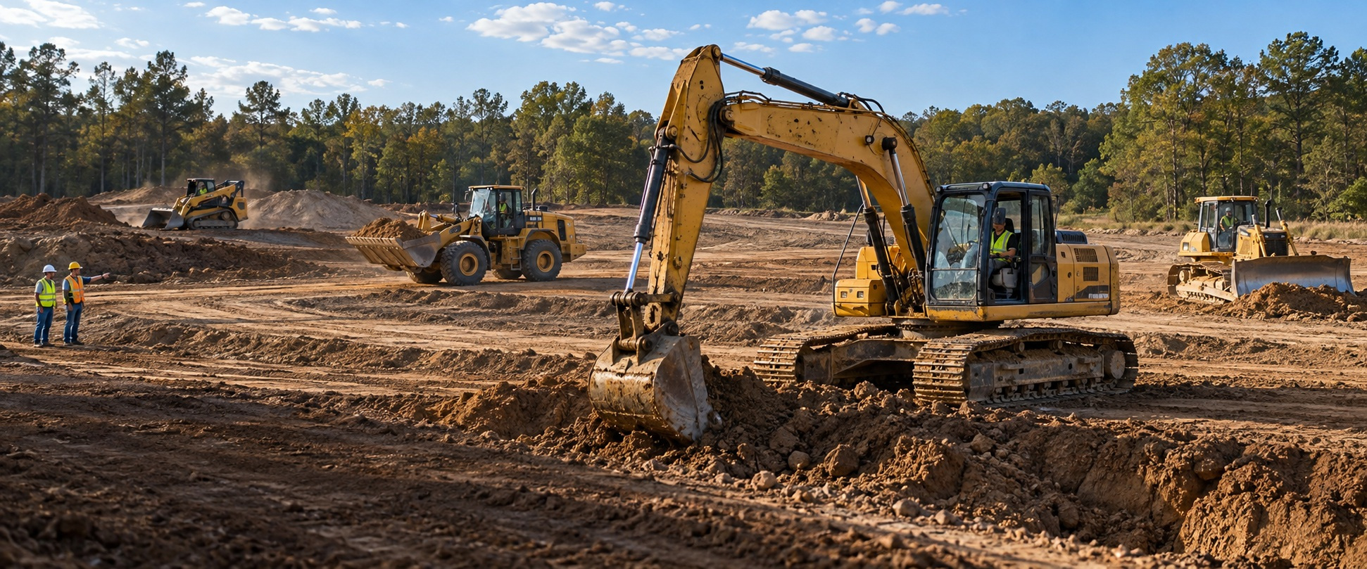 Heavy equipment operators training on excavators, loaders, skid steers and bulldozers on a dirt training site