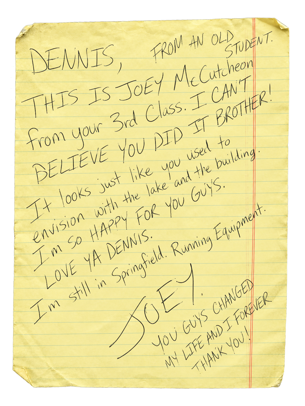 Handwritten letter from former HEO Academy student Joey