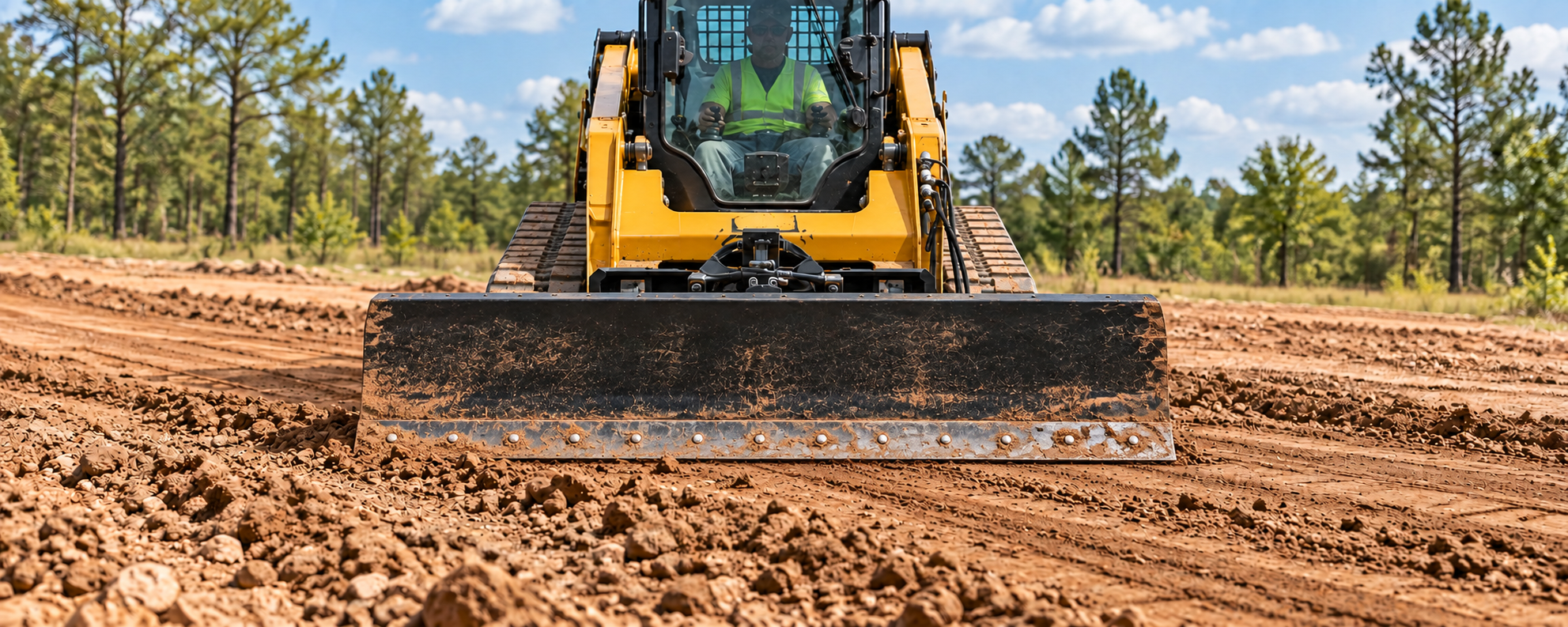 Skid steer using a dozer blade for grading and land work