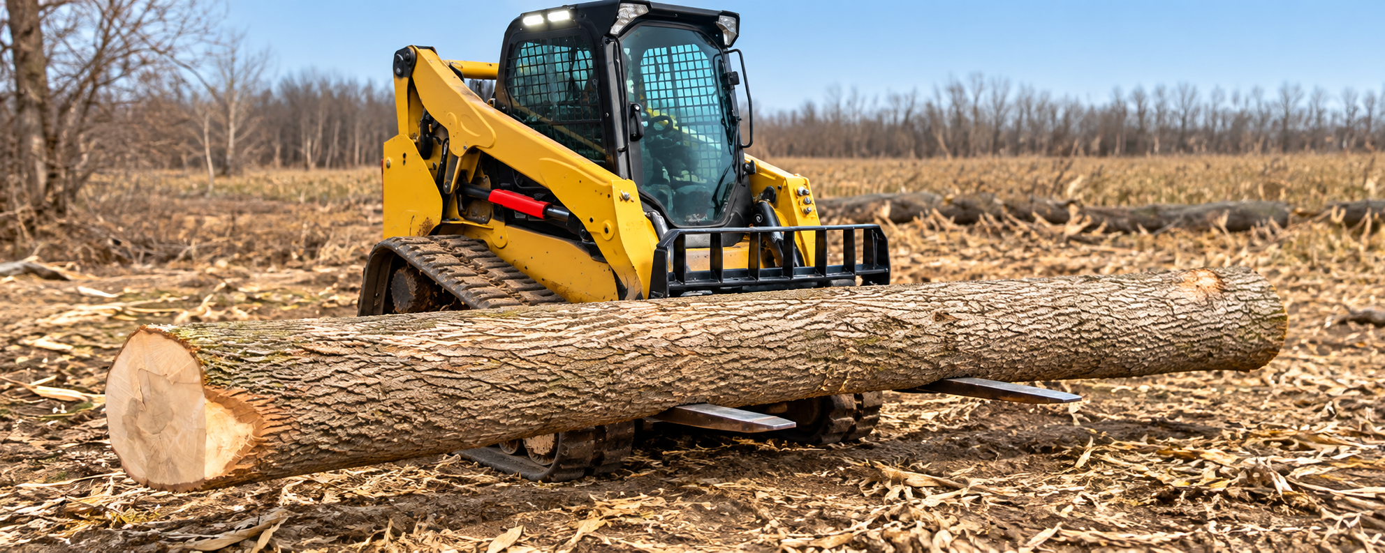 Skid steer using fork attachments to lift and carry a large log