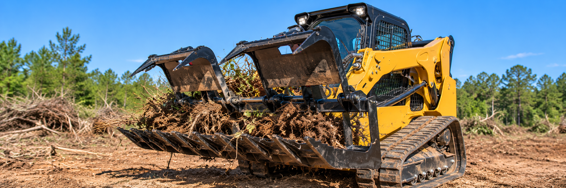 Skid steer using a grapple bucket to handle brush and debris