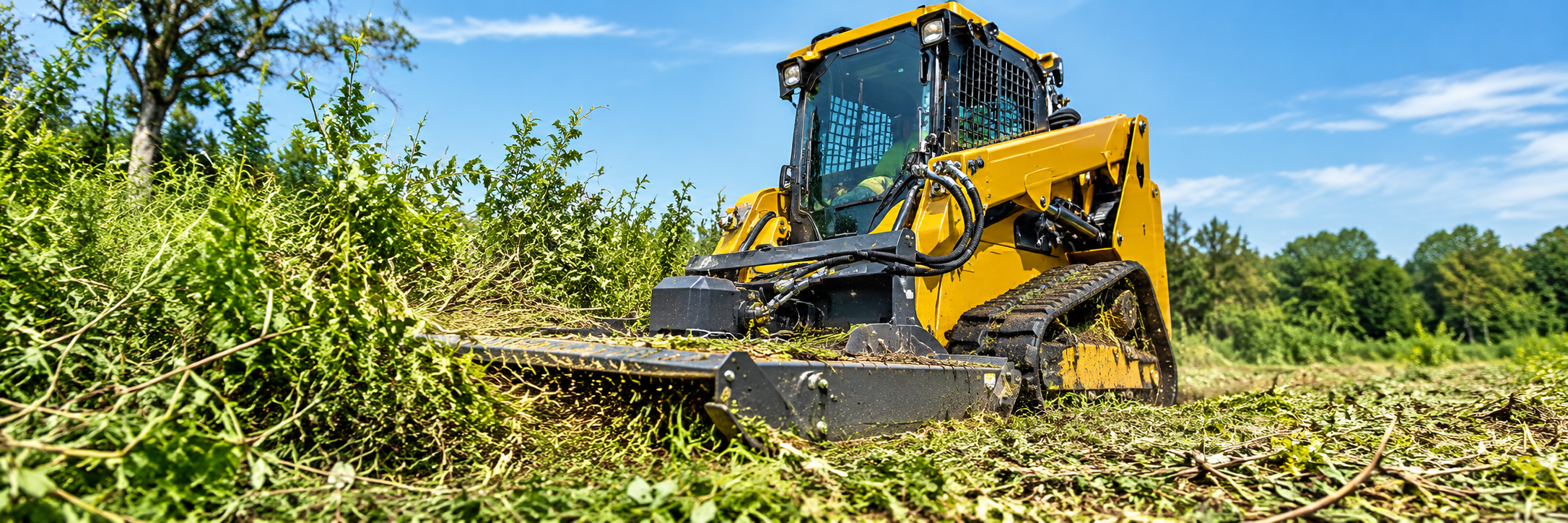 Skid steer using a bush hog attachment to cut and clear vegetation