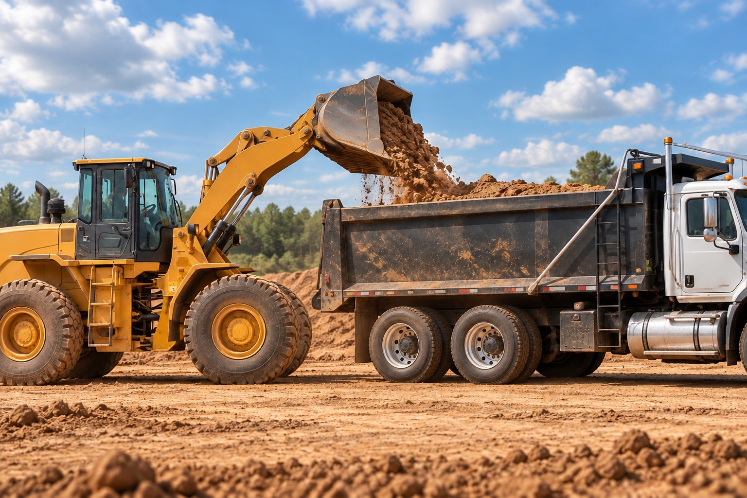 Front-end loader loading a dump truck during hands-on operator training at HEO Academy