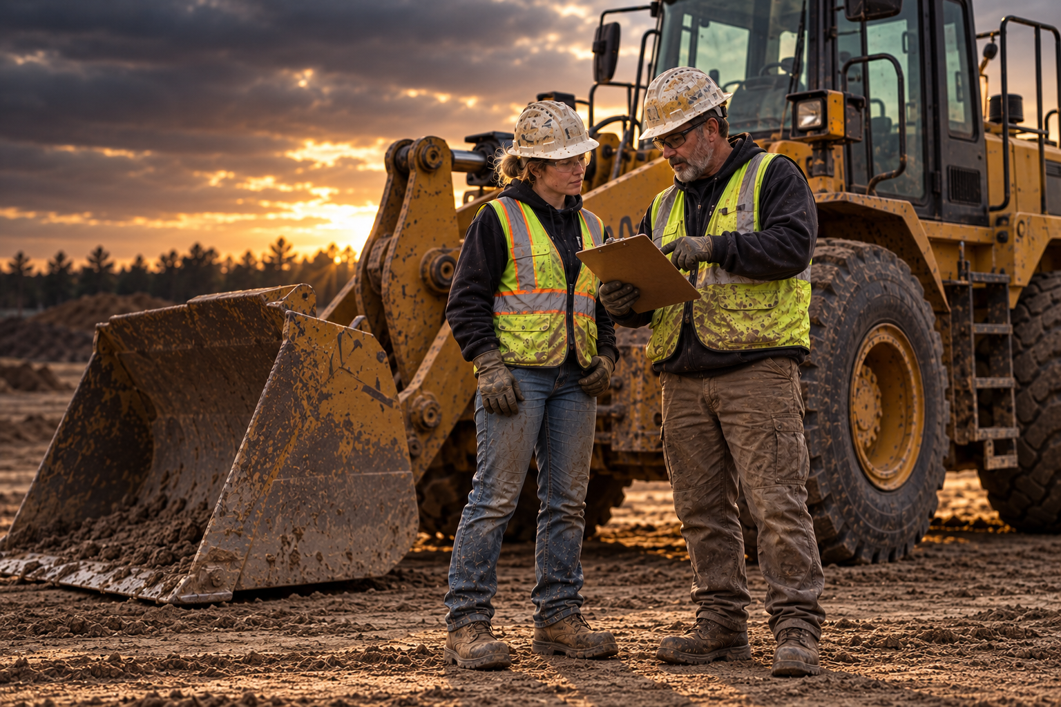 Instructor and student reviewing jobsite plans beside a loader