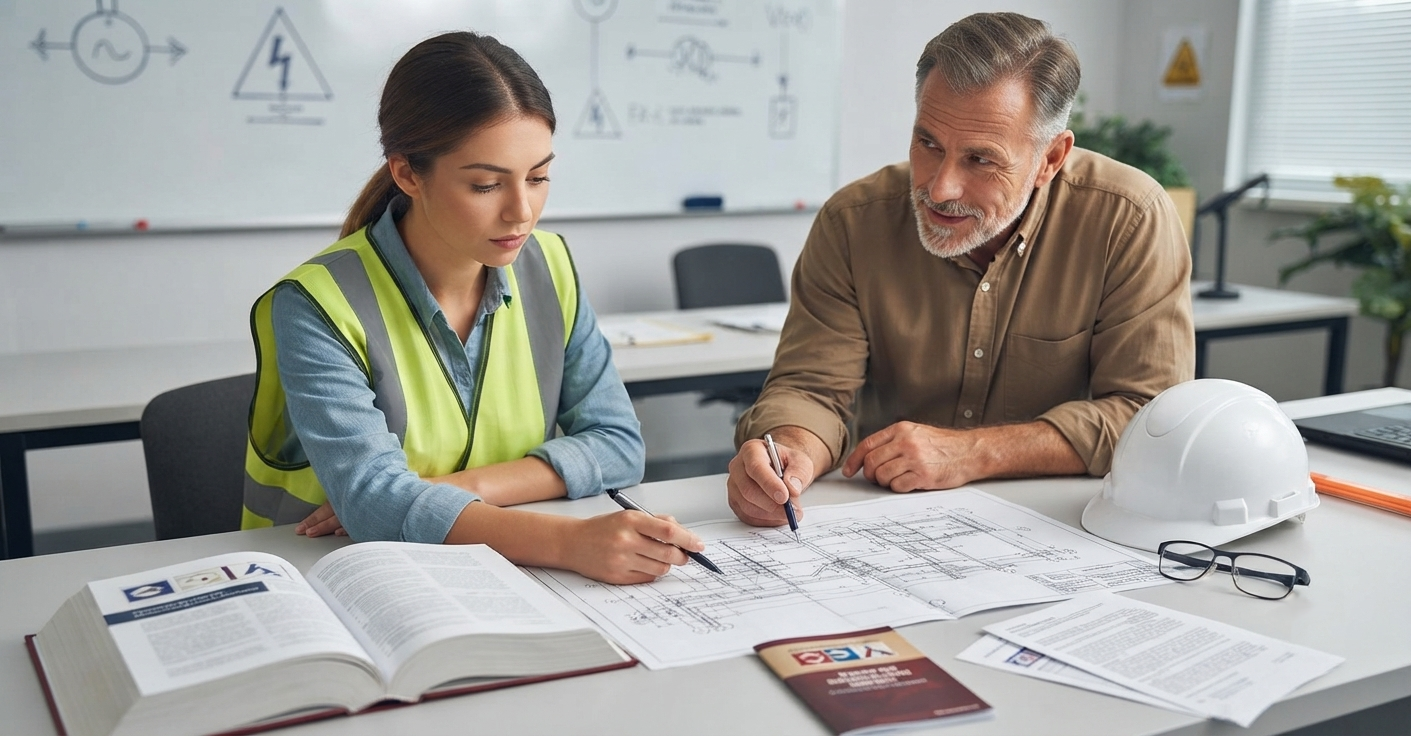 Student reviewing construction plans with an instructor